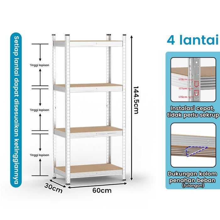 Pocket Dragon Rak Besi Siku Rak Gudang Rak serbaguna 5 susun - 4L:60*30*150CM