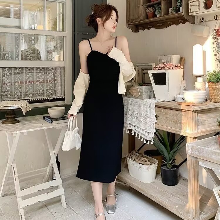 Gaun dua potong cardigan rajutan rajutan rok rajutan hitam cardigan dress dress korea casual dress c