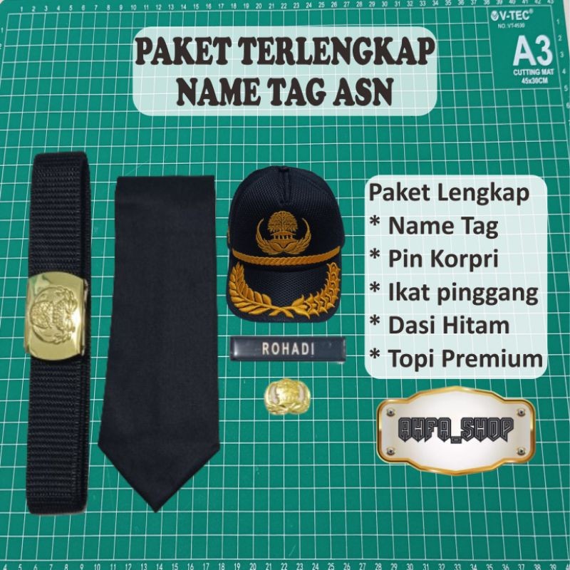 

KAYDEN STORE Paket Name Tag papan nama dada ASN terlengkap (Nametag, Pin korpri, sabuk korpri, dasi hitam, topi korpri)