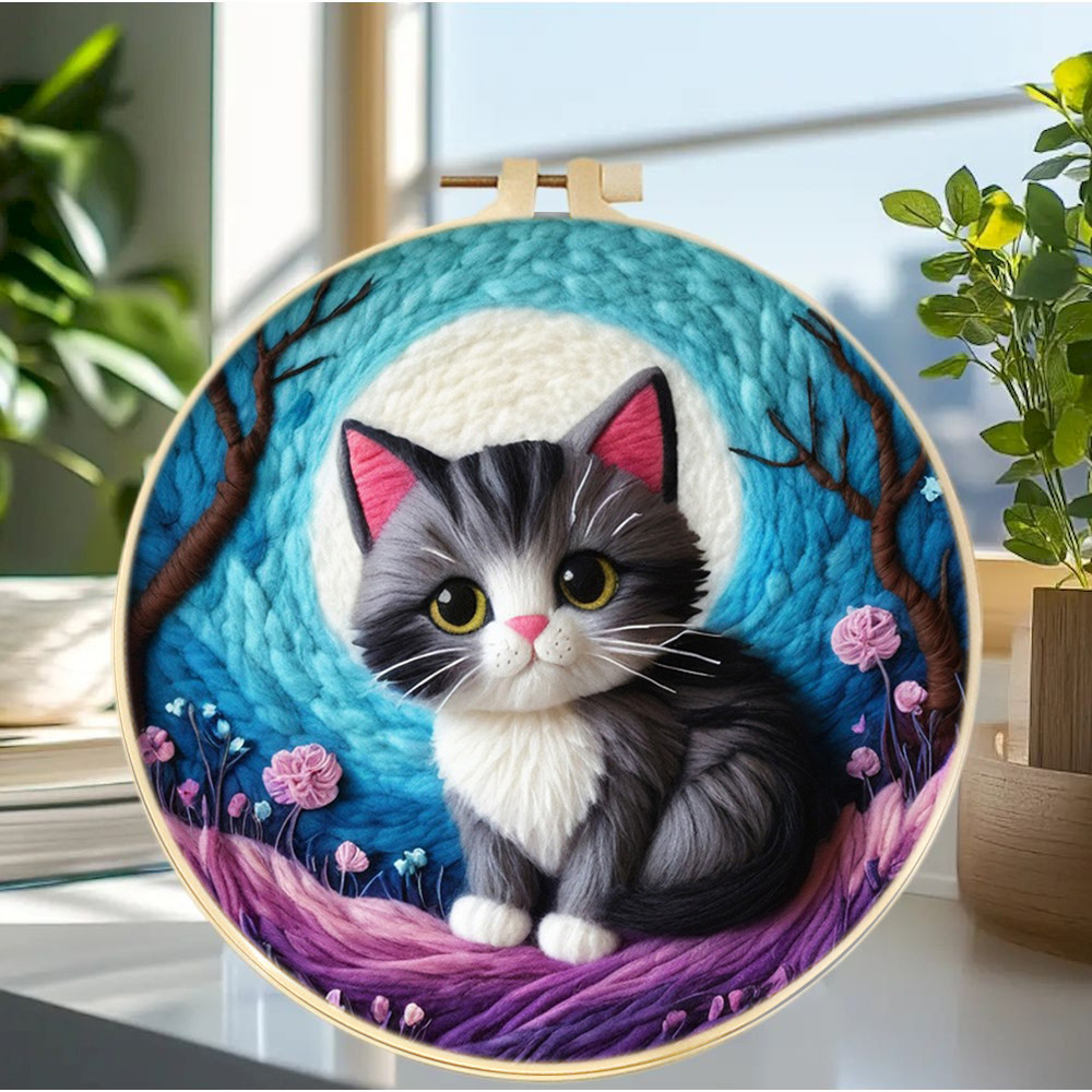 

Grey Cat Needle Felt Starter Kits For Adults Diy Wool Felting Painting Beginners Kit Embroidery Frame Wool Needlework Crafts