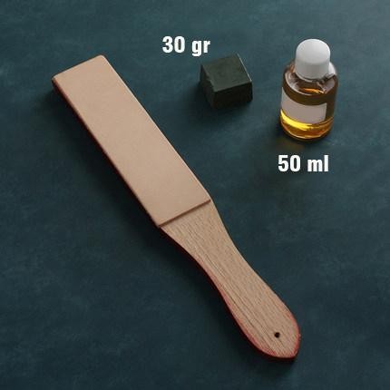 

Pengasah leather tools | Double sided strop , rough & Sharpener Oil - Complete Set