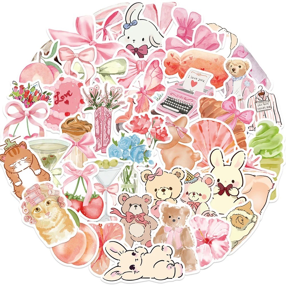 

10/30/50PCS Cute Bear Bow Pink Stickers Ins Style Cartoon Decals Decoration DIYNotebook Phone Stationery Fridge Bike Kawaii Kids