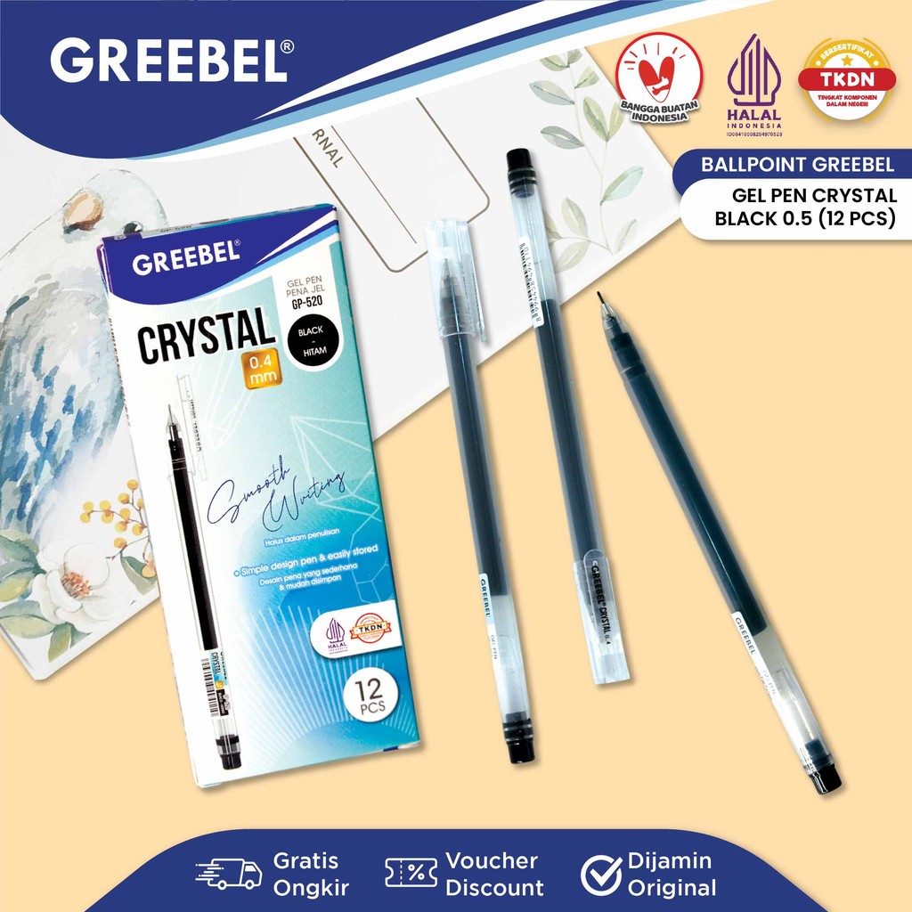 

GREEBEL Pulpen Gel / Gel Pen GP- 520 Crystal 0.5 Hitam (12PCS/SET) / Ballpoint Bolpen Bolpoin Pena Gel