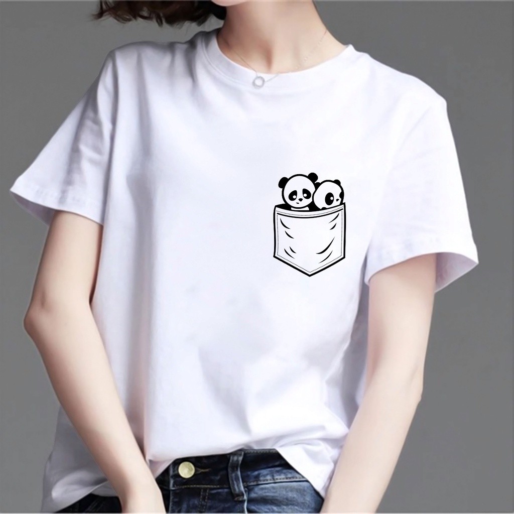 Kaos Wanita Panda kantong Baju wanita Lengan Pendek Bahan katun atasan tshirt cewek