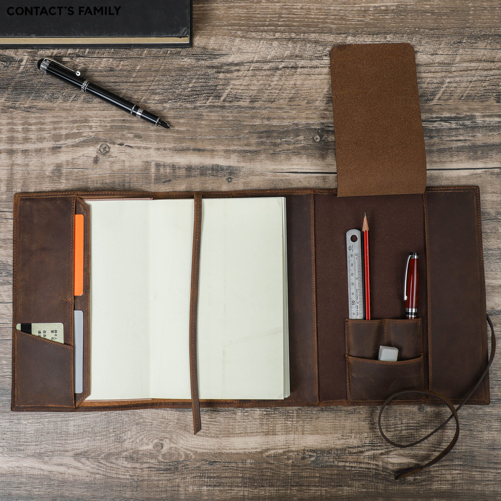 

Vintage Crazy Horse Leather Book Cover Notebook Portfolio Card Eraser Ruler Pencil Pen Office School Stationery Organizer Holder