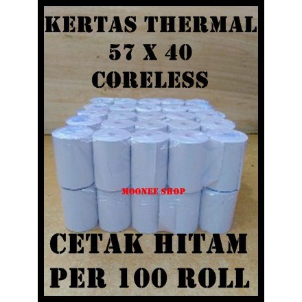 

Kertas Thermal 57X40 / 58x40 MM (Satu karton/dus) (100roll) Printer Bluetooth Kasir Polos