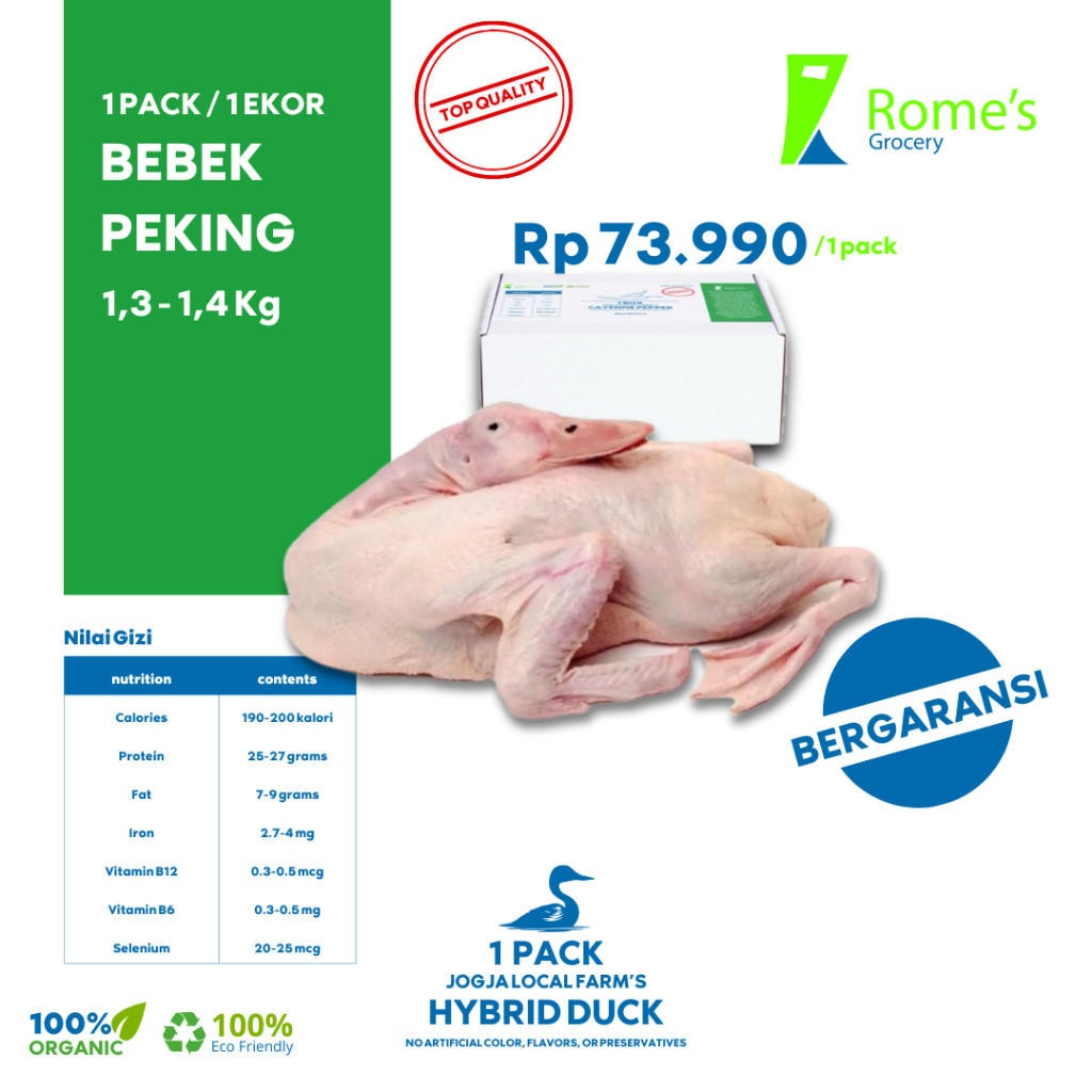 

Bebek Peking Utuh | 1 Pack/1 Ekor | 1,3 - 1,4 Kg | Fresh & Organik I Bergaransi I Romes Grocery