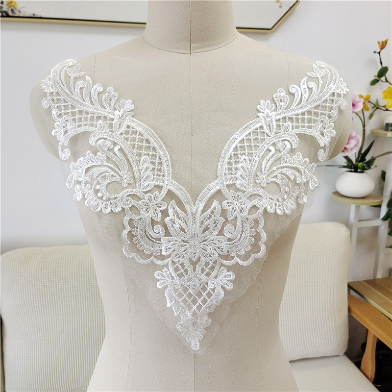 

1Piece Lace Handmade Applique DIY Bridal White Lace Neckline Collar Fabric Patch