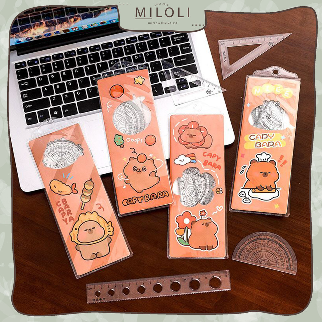 

[MILOLI] RULER SET CAPYBARA Penggaris Segitiga Busur Derajat Transparant Ruler Lucu - F0344