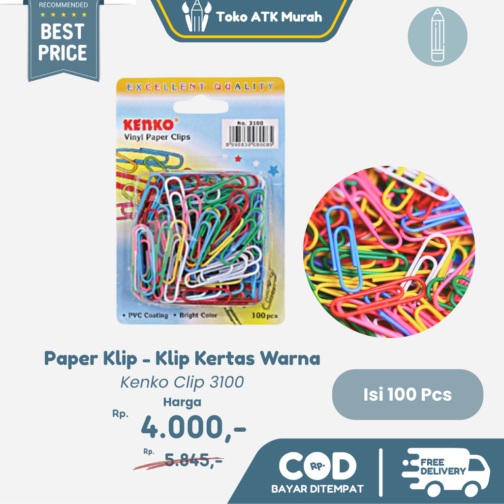 

Klip Kertas Vinyl Paper Clip Warna - Warni Kenko 3100 (isi 100 buah)