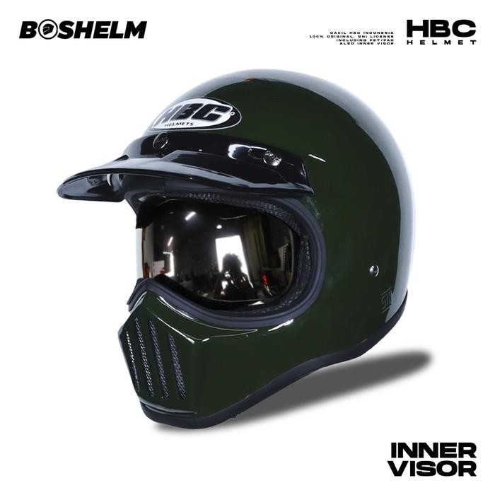 Helm Cakil HBC SOLID Inner Visor Helm Retro Full Face SNI - ARMY GLOSSY