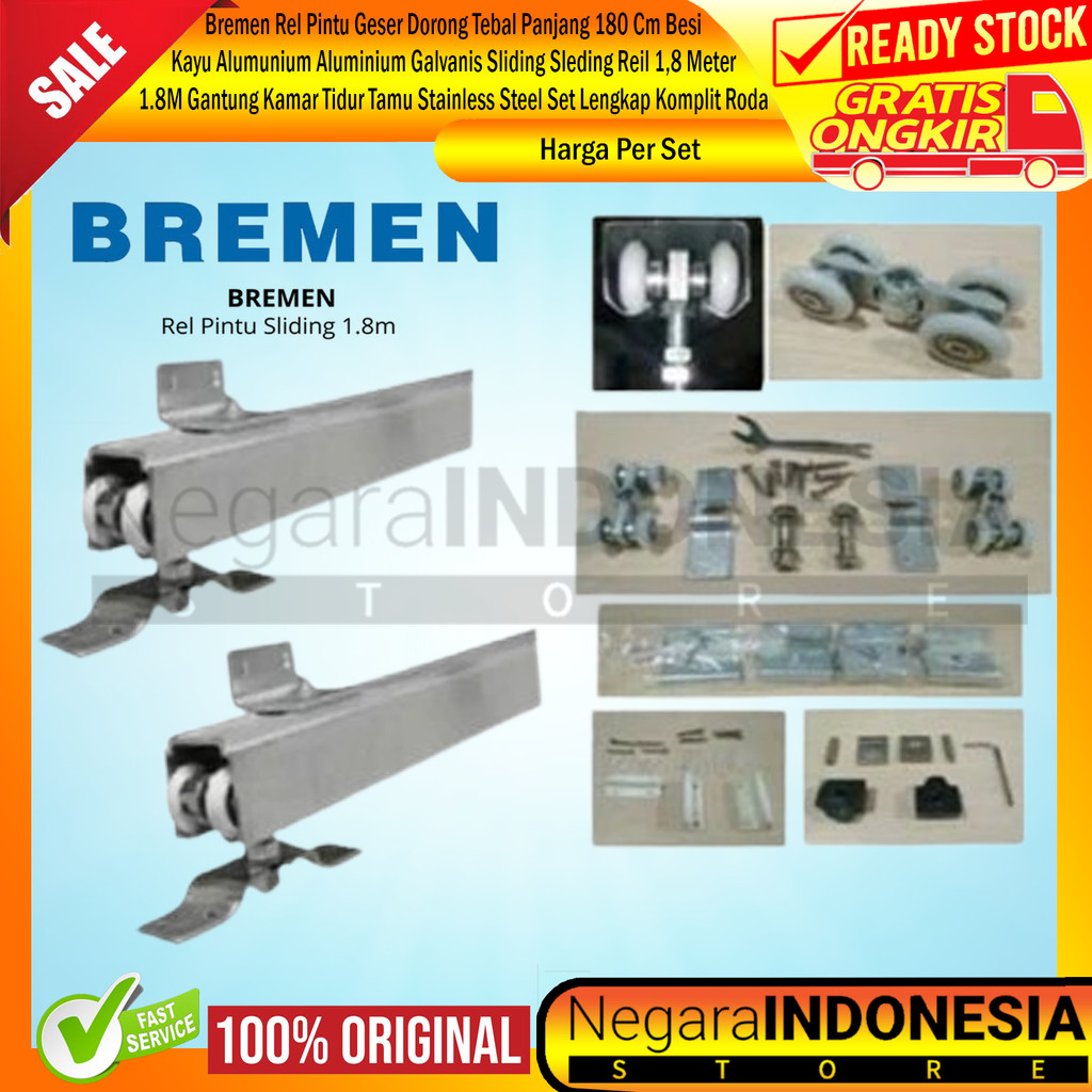 Bremen Godia Rel Pintu Geser Dorong Tebal Panjang 180 Cm Besi Kayu Alumunium Aluminium Galvanis Slid