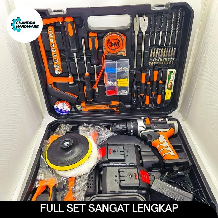 bor cordless toolkit full set bor batre shining lengkap bor poles 2 batre koper