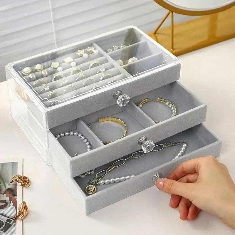 

Acrylic Velvet Jewelry Organizer with 3 Drawers Stackable Display Storage Earrings Necklace Bracelets Box Holder Case for Women