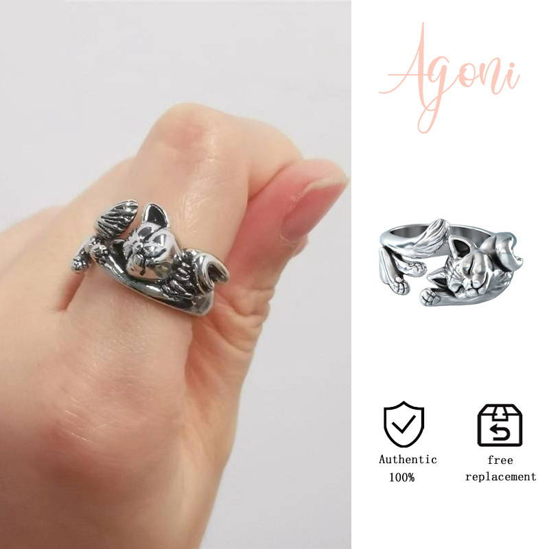 Cincin Terbuka Kucing Hitam Vintage Perak Thailand Berlapis Perak S925