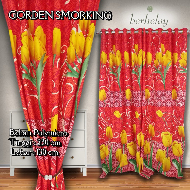 HOKICHAN Gorden Smokring Polymicro Pintu Atau Jendela Motif Bunga Tulip Kuning Merah