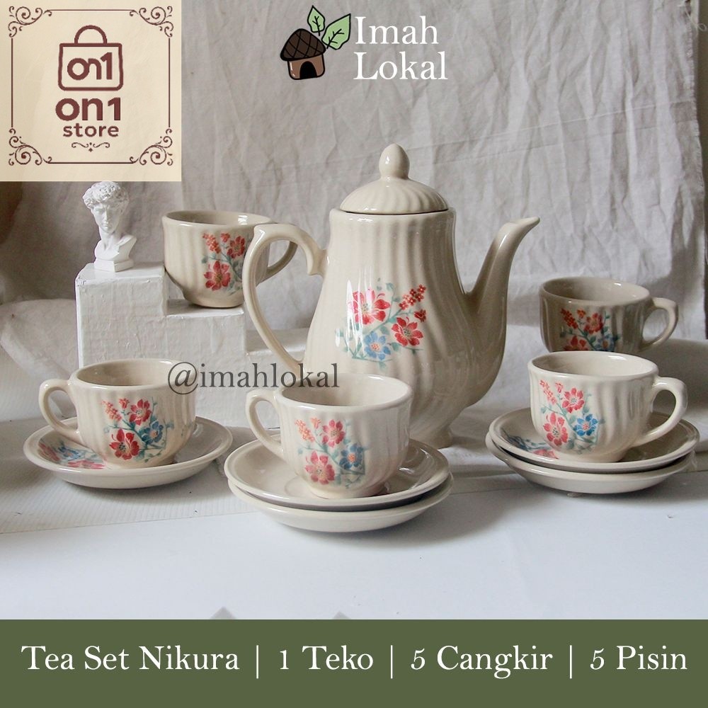 Set Teko Murah / Tea set Nikura | Teko Set Keramik Nikura Motif Bunga | Teko Tutup | 5 Cangkir | 5 S