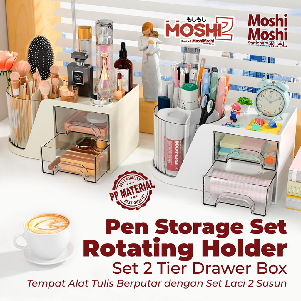 

Pen Storage Set Rotating Holder 2 Tier Stationery Drawer Box Tempat Peralatan Tulis Berputar dengan 6 Sekat Set Laci 2 Susun Meja Kantor Multifungsi