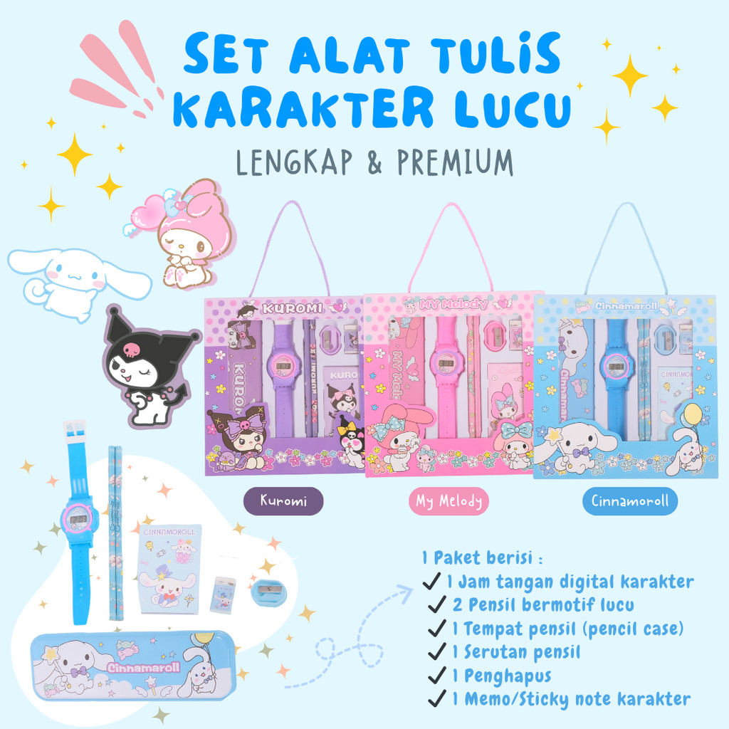 

[ATK88] Set Alat Tulis Sekolah Karakter Lucu Lengkap Kuromi Melody Cinnamorol Imut Hadiah Kado Anak Perempuan Jam Tangan Pensil Case