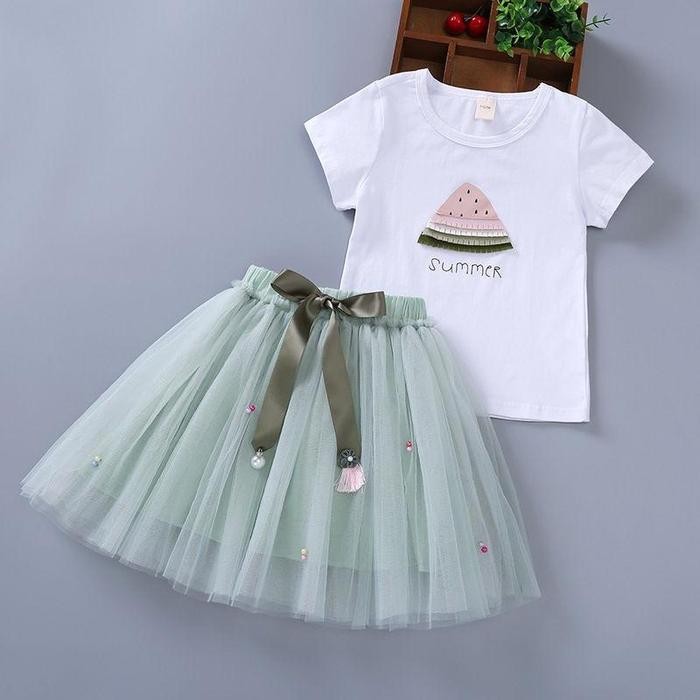 COD [PRINCESS KESLI] 1-9 Tahun Setelan Anak Perempuan Rok Tutu Watermelon Baju Bahan Katun Lengan Pe