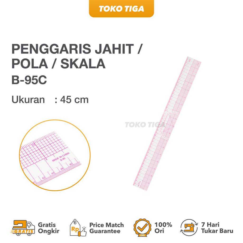 Penjahit Pemula - Penggaris Jahit / Mistar Skala / Metric Ruler 45cm - B-95C