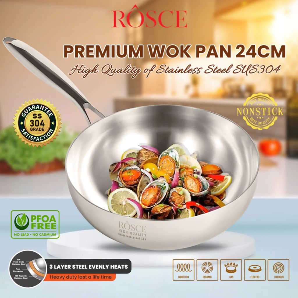 ROSCE Wajan Wok Pan 24cm – Stainless Steel SUS304 Food Grade