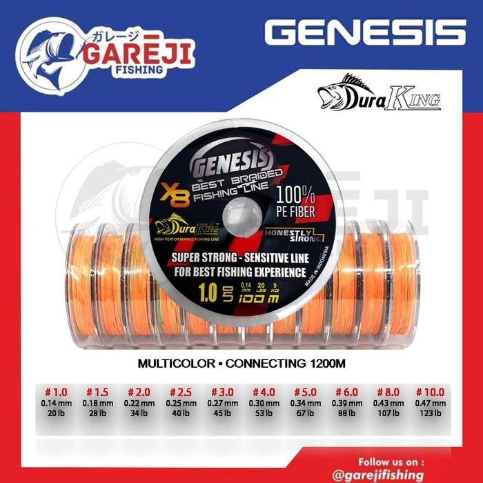 Hu h Senar Pancing PE Duraking Genesis X8 - Multi Color - 100m Connecting - PE 6 - 0.39MM