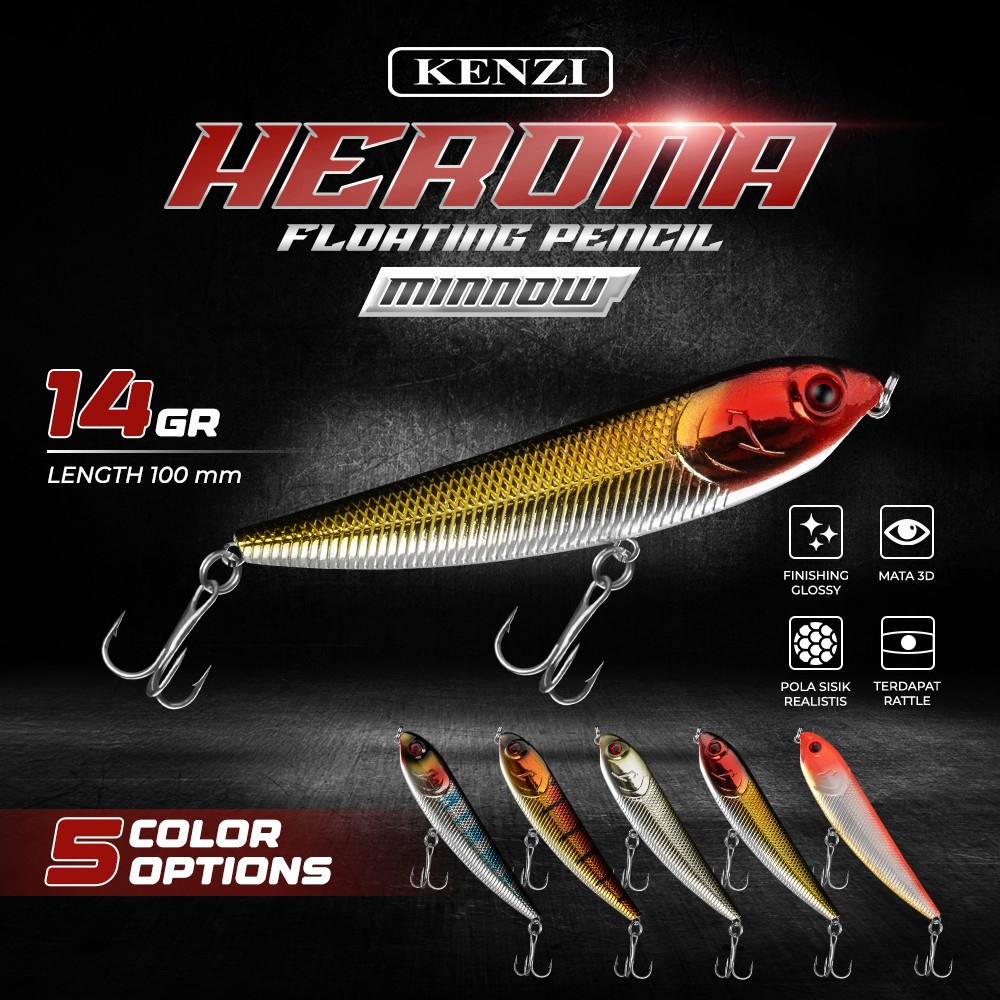 LURE KENZI HERONA 14gr 10cm - FLOATING PENCIL MINNOW Umpan Pancing Ikan Mainan
