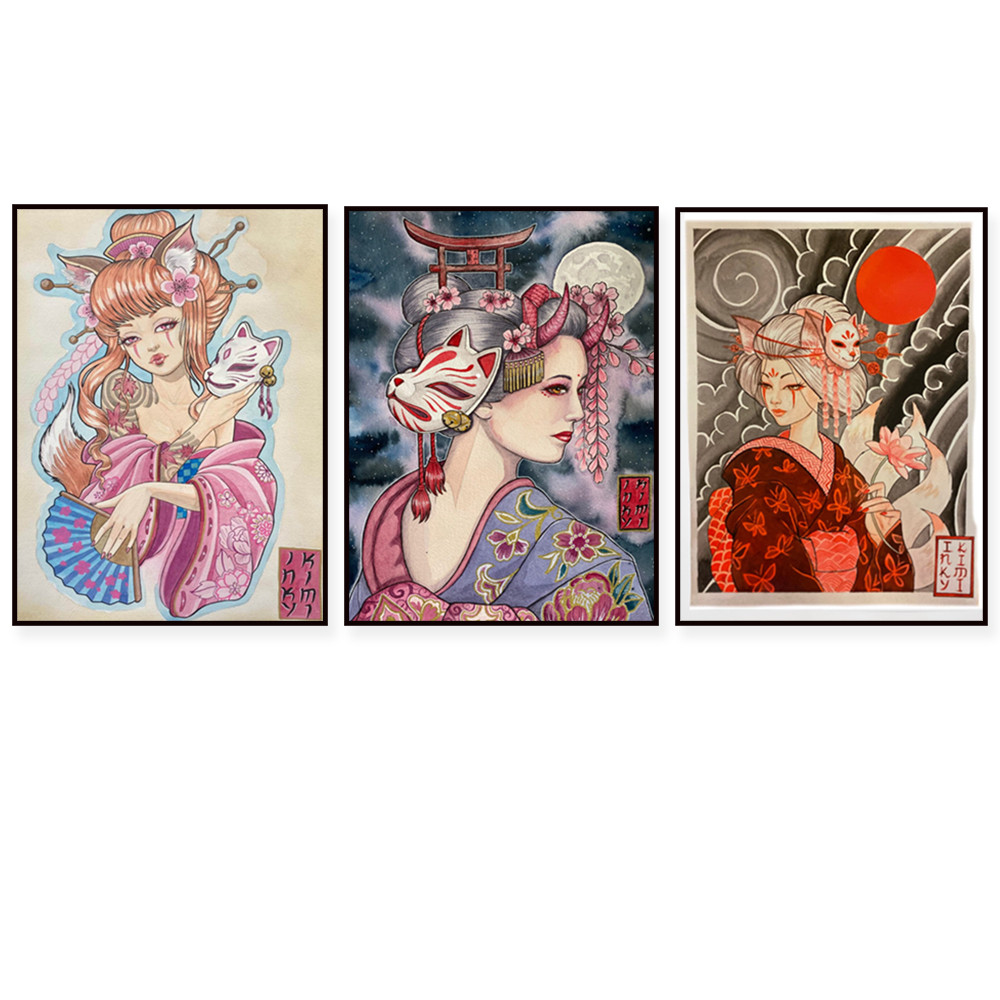 

Japanese fox art print, Kitsune girl. Watercolor Geisha Print Painting Canvas Print, Japanese Fox Demon Girl Tattoo Art Poster