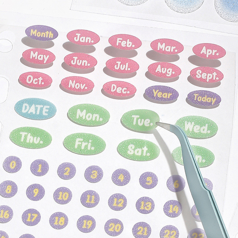 

8pcs/set Glitter Calendar Scrapbook Journal Sticker Simplicity Candy Color Month Diary Sticker Transparent Marker Sticky Note