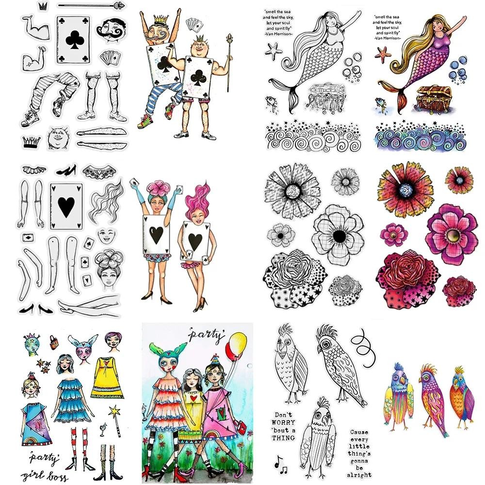 

Vintage Poker Party Girl Clear Stamps Mermaid Parrot Blooming Flower Stamp Set For DIY Scrapbooking Paper Card Craft Making New