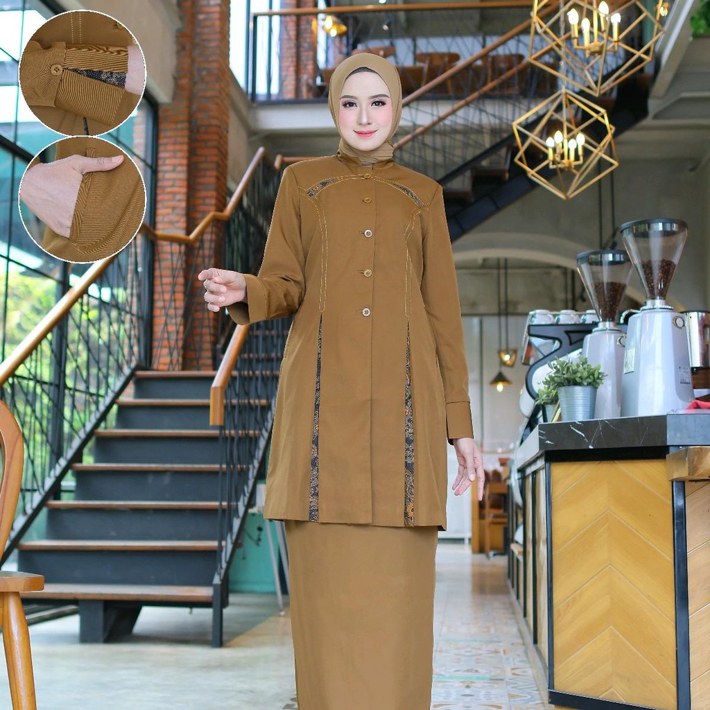 Seragam Kerja Baju Dinas khaky tua  tunik belah kombinasi batik setelan rok span/Rok A/Celana Panjan