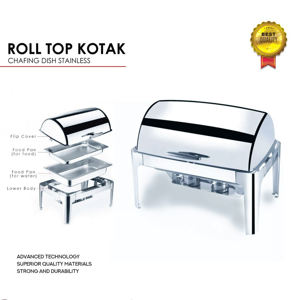 Roll Top 9L Persegi/Kotak Stainless Stell Chafer Chafing Dish Wadah Saji Prasmanan