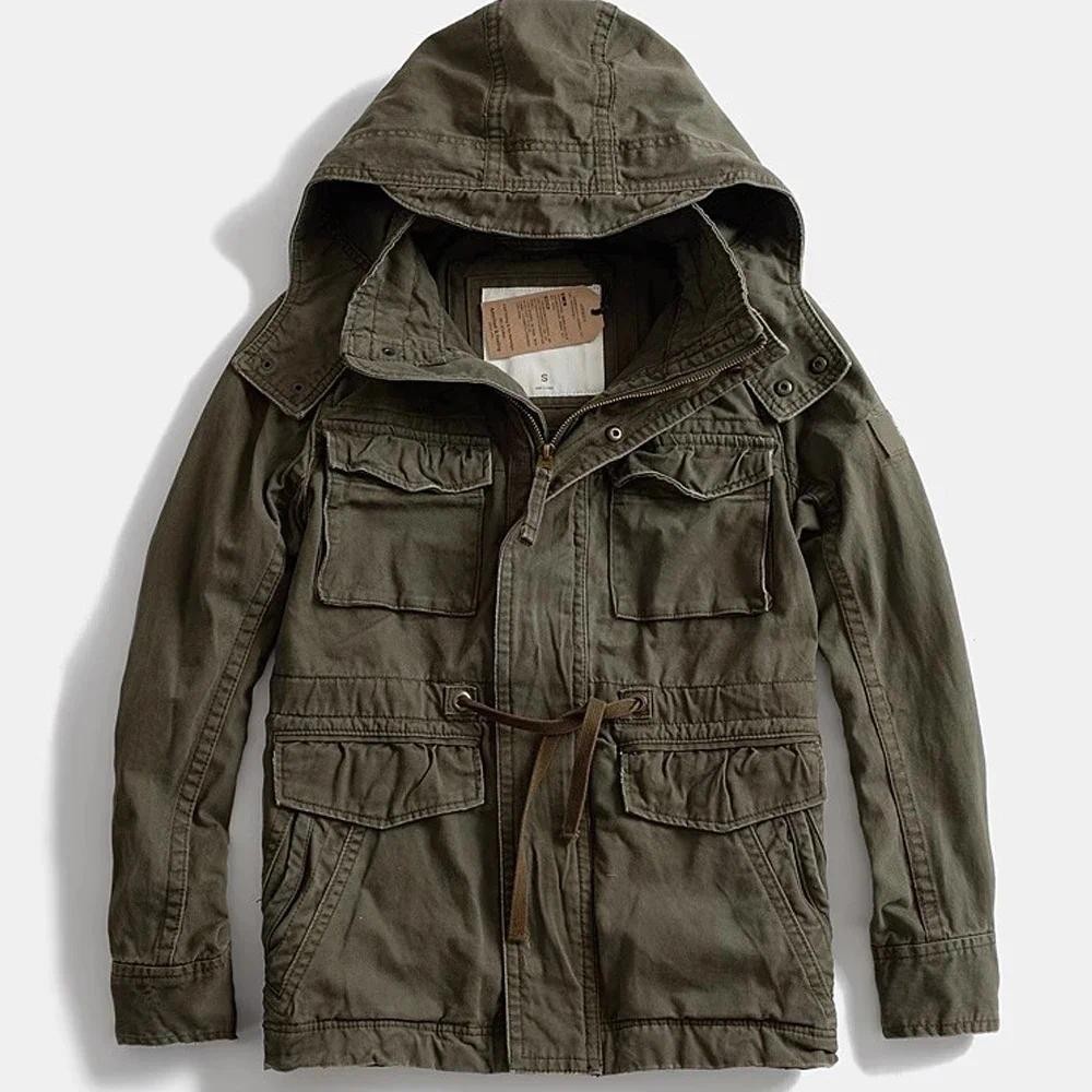 Cargo Jackets Men Tactical M65 Multi-pockets Cotton Coats Removable Hood Work Jacket Wear-resistant
