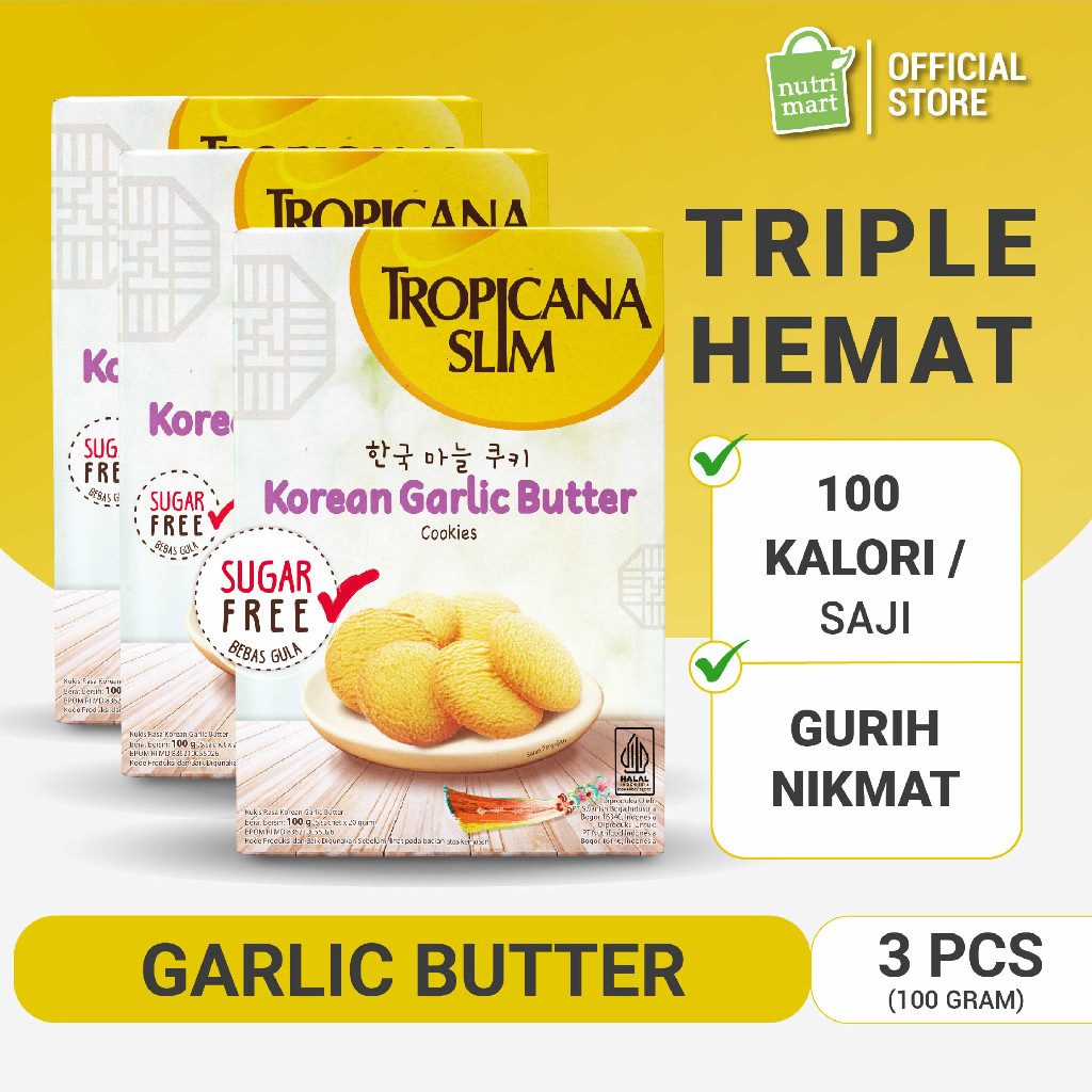

Triple Pack - Tropicana Slim Korean Garlic Butter Cookies (5 Sachet) - Snack Biskuit Diet Rendah Kalori Bebas Gula