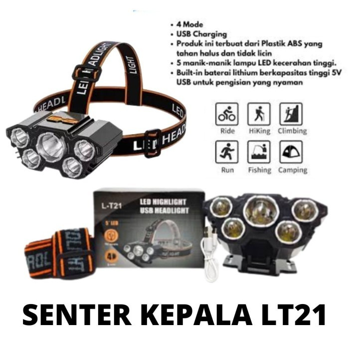 [ Aurorashop88 ]   Senter Kepala 40 Watt L-T21 5 Led Rechargerable 4 Mode Cahaya Lampu Senter 50Watt