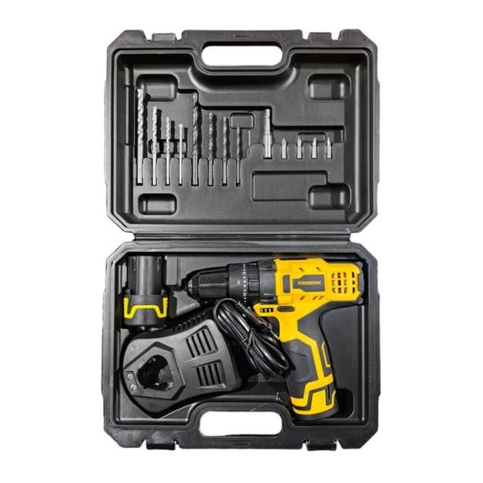Bor Cordless KRISBOW 12v Impact Drill 10mm Mesin Bor Tembok Logam Kayu Portable