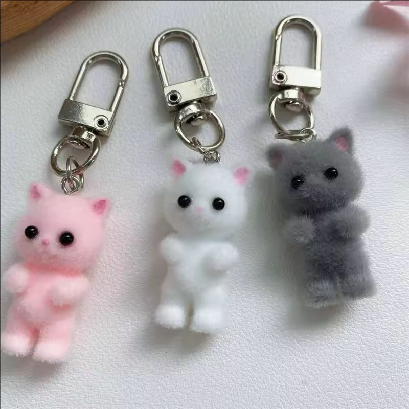 

New Cute 3D Flocking Kitten Keychain Cat Couple Mobile Phone Pendant Car Keyring Earphone Backpack Charms Bag Decor ﻿
