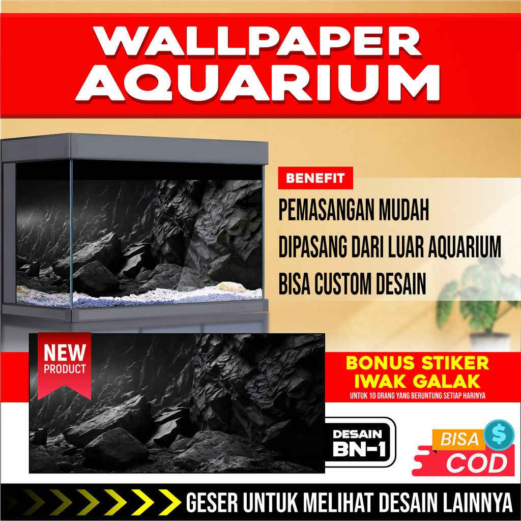 sticker wallpaper background aquarium belakang 3d tema gambar rock batu bn