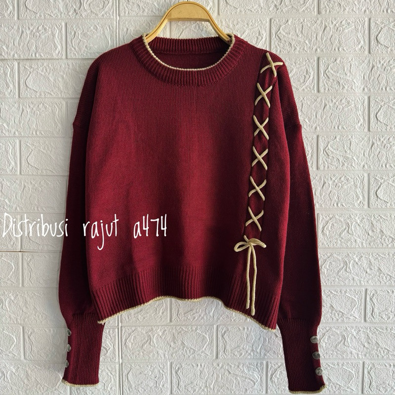 BEST SELLER/ LEVINA BAJU ATASAN SWEATER RAJUT MOTIF TALI DEPAN WANITA LENGAN KANCING WANITA KOREAN S
