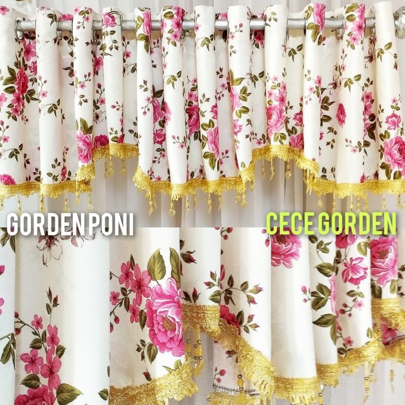 Gorden Poni Atas Pintu  Bahan Blackout Motif Bunga Pink Besar Elegan MinimalisCO