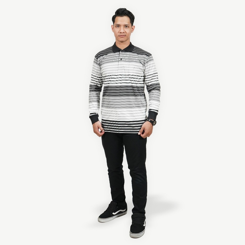 Kopamart - Hassenda Shawn Kaos Polo Pria Lengan Panjang Motif Salur HPB20017ABU Abu