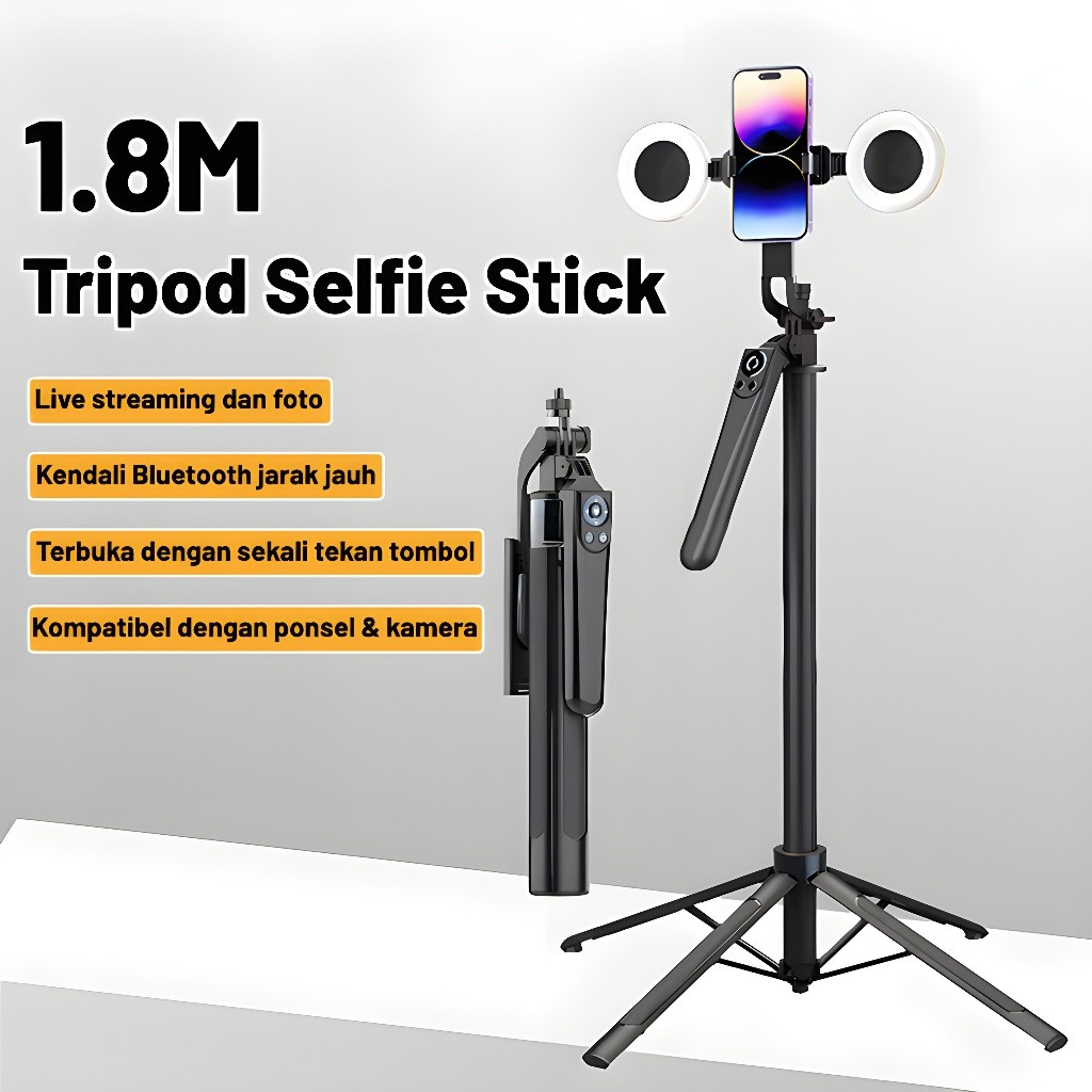 UPUPIN Tongsis Tripod Bluetooth 1.8M Quadpod Portable Tripod Remote Untuk Hp Kamera 4in1 Ring Light