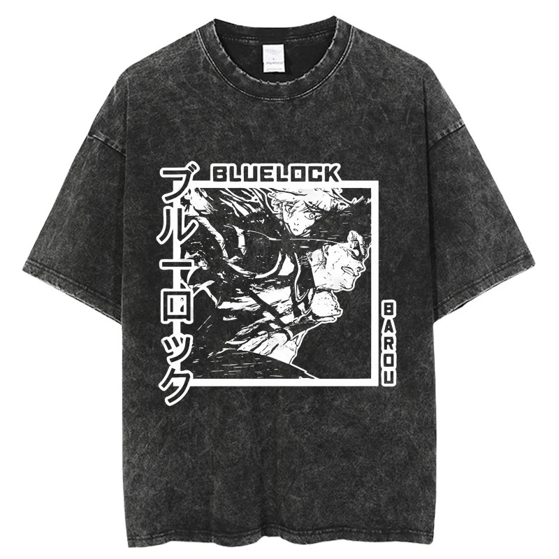 Kaos Anime Oversize Pria BLUE LOCK - Kaos Cotton Gaya Retro Washed dengan Motif Karakter