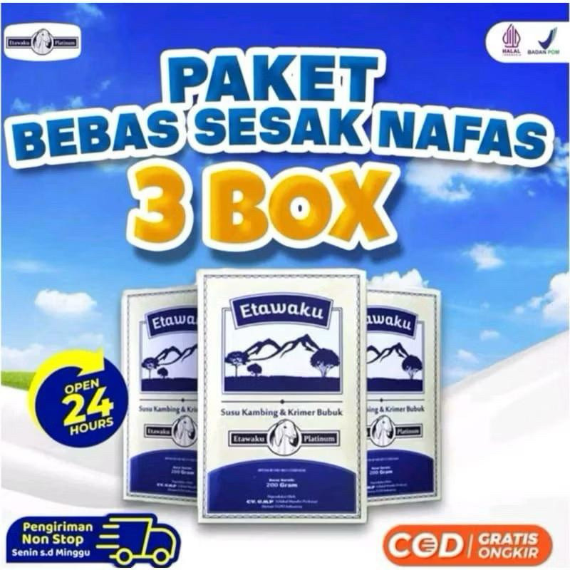 

PAKET 3 BOX ETAWAKU PLATINUM - Susu Kambing Etawa Provit Solusi Atasi Masalah Gangguan Pernapasan / Asma / Lutut Sakit Tulang Sakit Nyeri Sendi Tulang Keropos Osteoporosis Obat Nafas Napas Lega Minuman Kesehatan Termurah Terlaris Terampuh