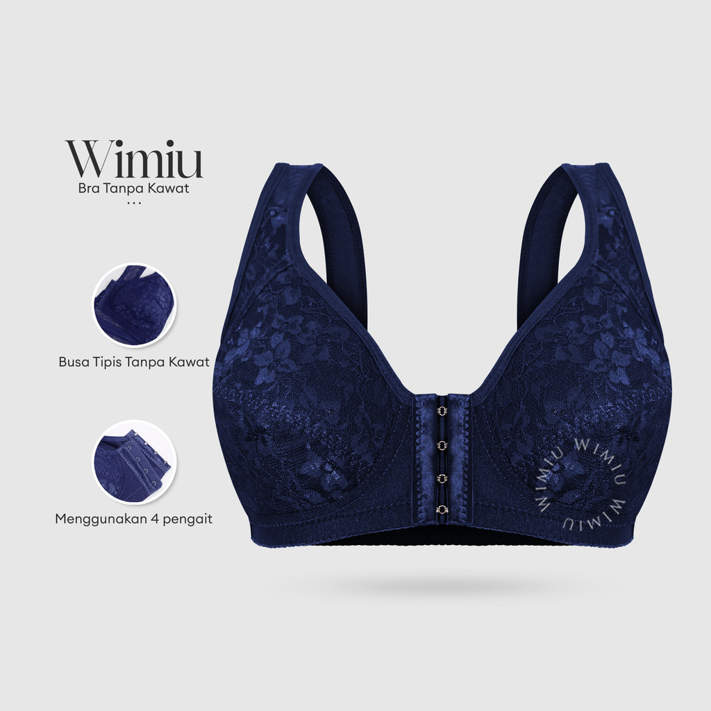 WIMIU BH Bra Wanita Kait Kancing Depan BH Tanpa Kawat Tanpa Busa Motif Bunga Brokat Wireless Bra 100