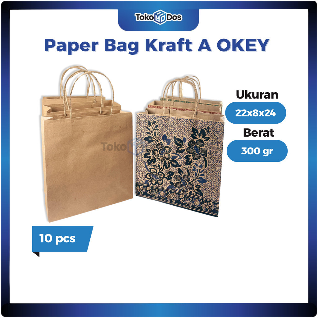 

(10 pcs) Paper Bag Kraft A OKEY Tas Karton Kado Souvenir Coklat Polos dan Motif Batik Twisted Handles Ukuran 22x8x24