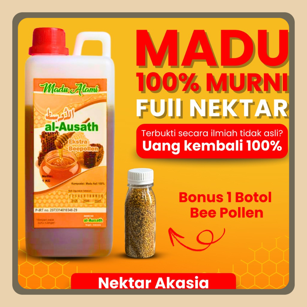 

1KG MADU ASLI AL-AUSATH NEKTAR AKASIA (MADU HITAM) - Madu Murni Asli 100% Original Tanpa Campuran + Bonus Gratis 1 Botol Bee Pollen