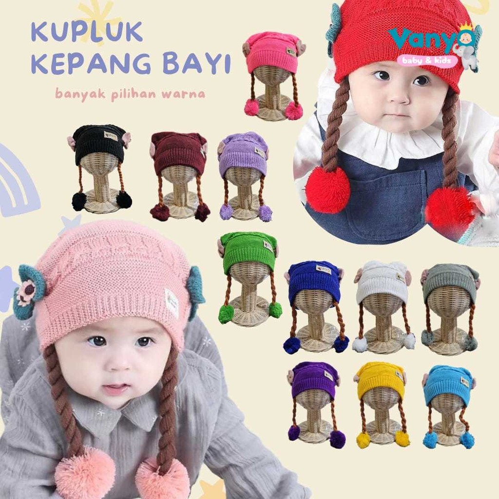 Topi kupluk kepang rajut anak perempuan aksen pita Topi rambut kepang bayi rajut