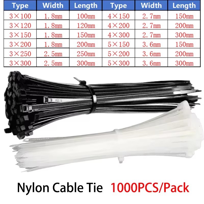 

1000Pcs Self-locking Nylon Cable Ties White/Black 4X200mm Heavy Duty Zip Wraps Fastening Straps for Wire Management&Home Office